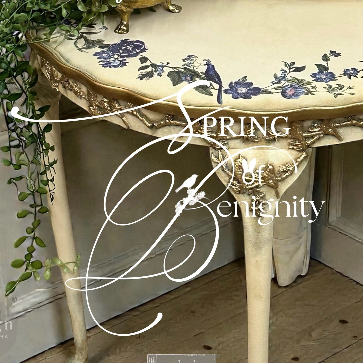 Table decorated with castings from the Whispers of Wings decor mould and Blue Nest Blooms transfers. "Spring of Benignity" text on the image.