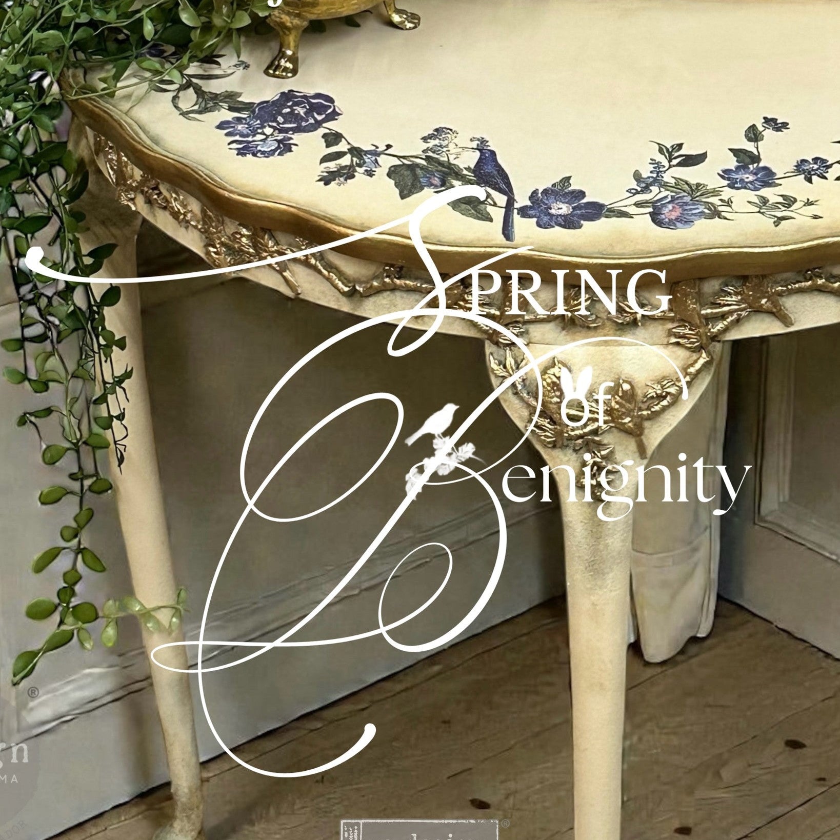 Table decorated with castings from the Whispers of Wings decor mould and Blue Nest Blooms transfers. "Spring of Benignity" text on the image.