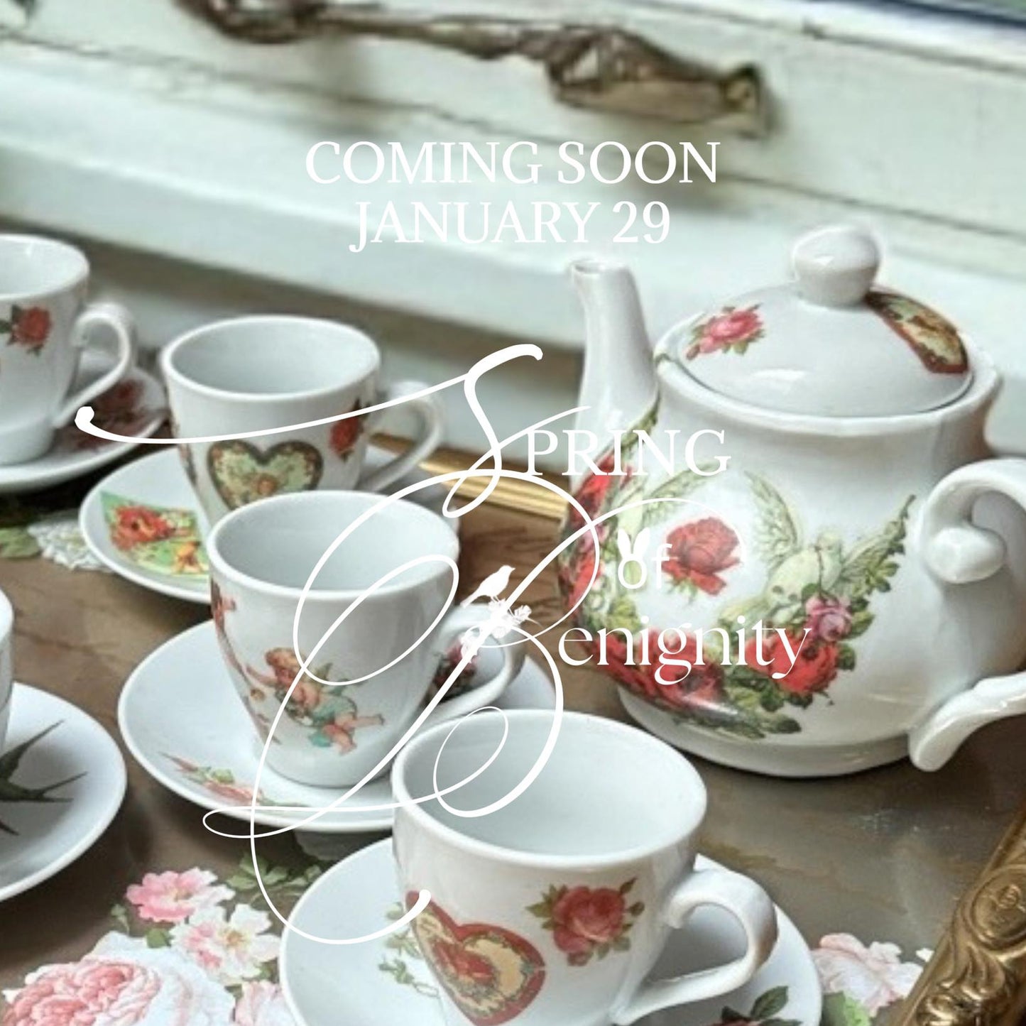 Tea set with Amour Affair transfers on a table, promotional text for 'Spring to Enigity' release.