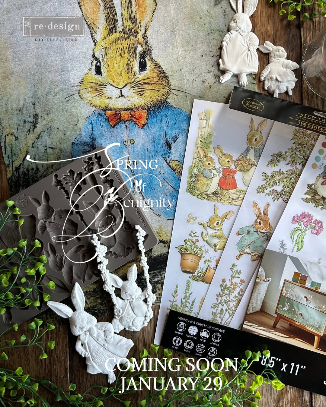 Product display with rabbit-themed items and 'Coming Soon' text on a wooden background.