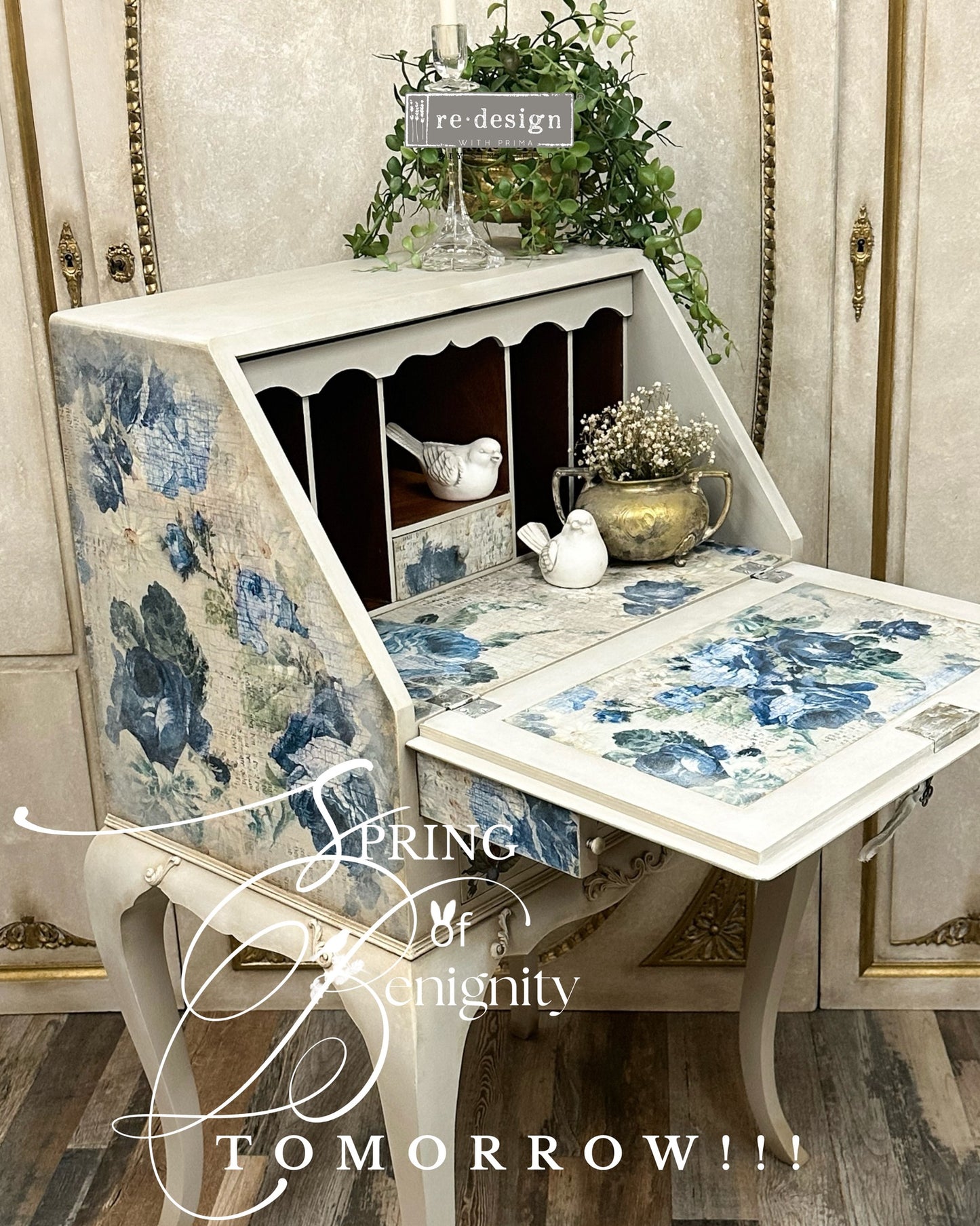 Meadow Melodies decoupage paper shown on a drop down desk in a room with decorative elements.