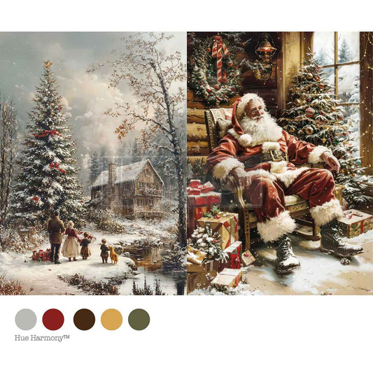 Two Christmas-themed scenes with Santa Claus and a snowy village, accompanied by color swatches.