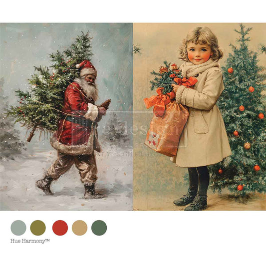 Two Christmas-themed images: one of Santa Claus with a tree, the other of a child with a gift bag, set against a color swatch labeled 'Hue Harmony'.