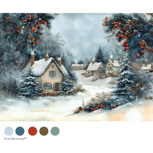 Winter scene with houses and trees in a snowy landscape, featuring a color palette at the bottom.