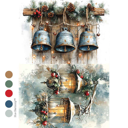 Decorative wall art with rustic bells and lanterns, featuring a color swatch for color palette.