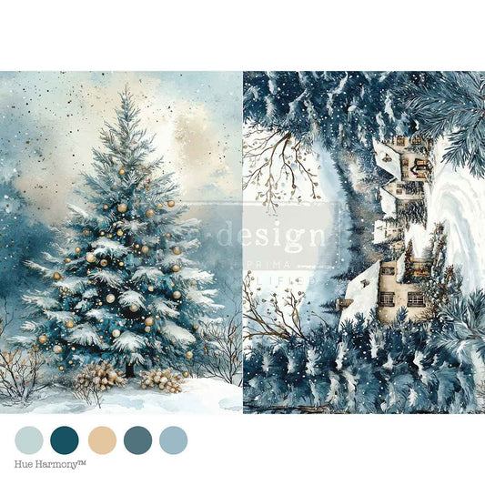 Winter scene with decorated tree and snowy landscape, featuring a castle.
