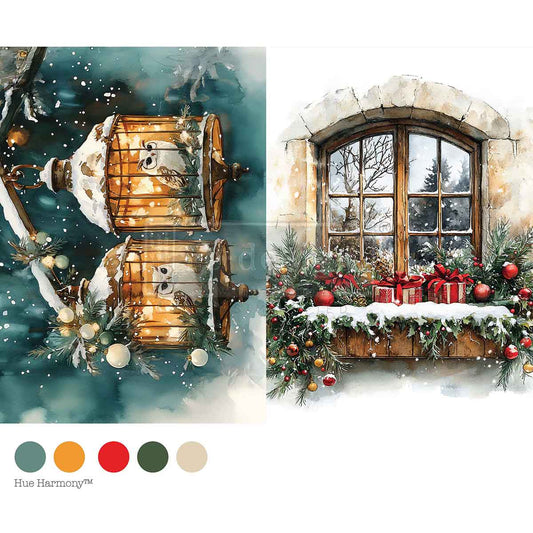Decorative scene with a lit lantern and a window with Christmas decorations.