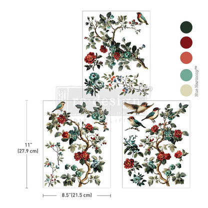 Decorative wall stickers with floral and bird design, including color swatches and dimensions.
