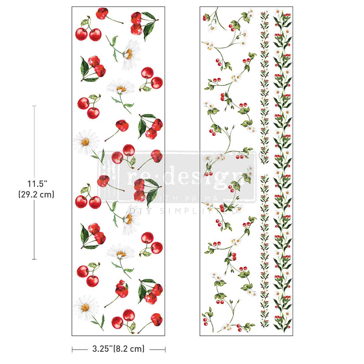 Daisy Cherry Delight Luxe Transfers design on a white background with dimensions.