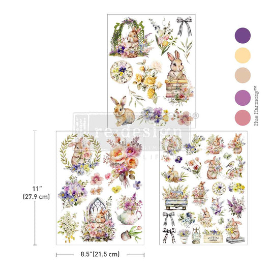 The Hop Into Spring transfer designs shown on a white background with color swatches.