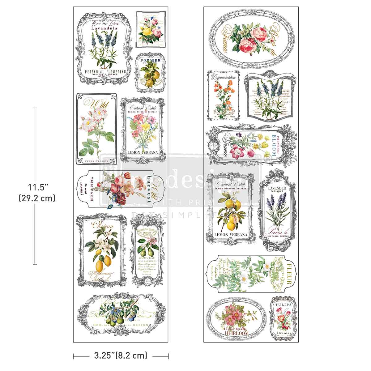 Fleur De Frame Luxe Transfers designs on a white background with dimensions.