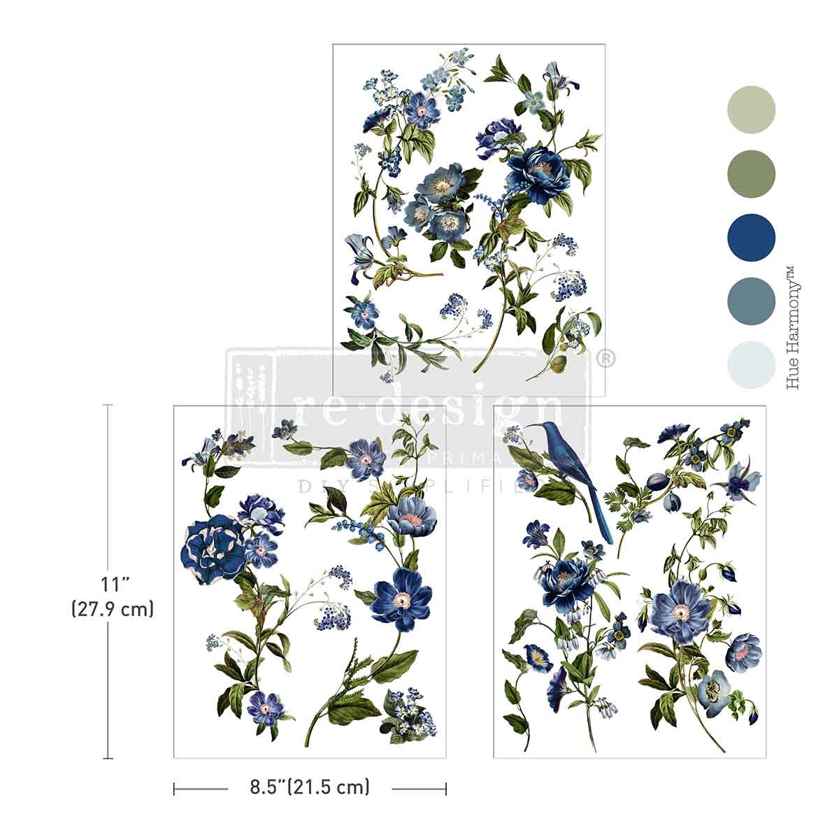 Blue Nest Blooms Middy Transfer with dimensions and color swatches.