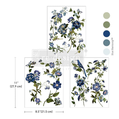 Blue Nest Blooms Middy Transfer with dimensions and color swatches.