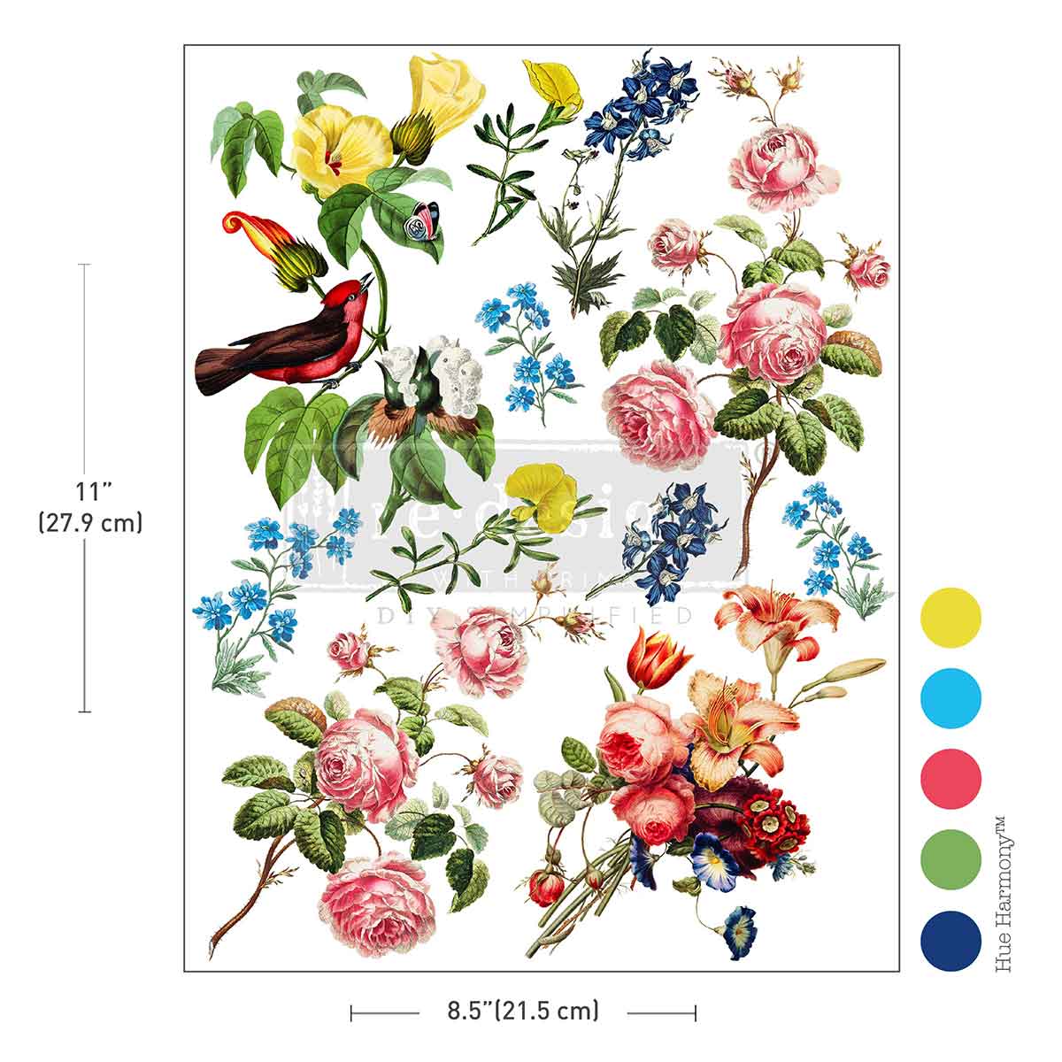 Rustic Romance transfer design with measurements and color swatches on a white background