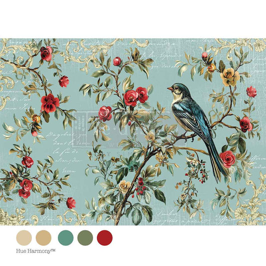 Decorative paper with a bird and floral design on a blue background