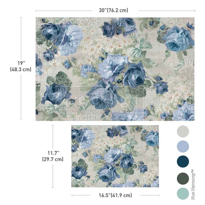 Meadow Melodies decoupage paper set is shown with dimensions and coordinating colors.