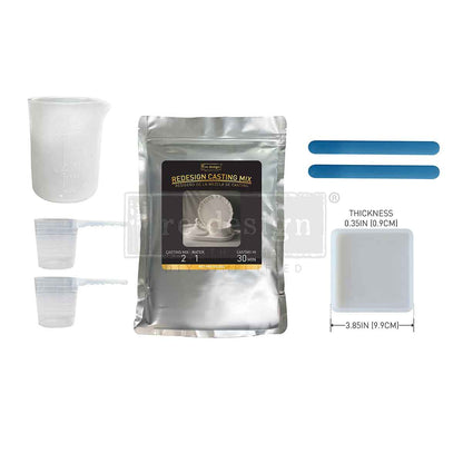 Casting mix packaging with tools and measurements on a white background