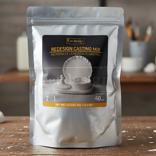Bag of Redesign Casting Mix shown on a work table.