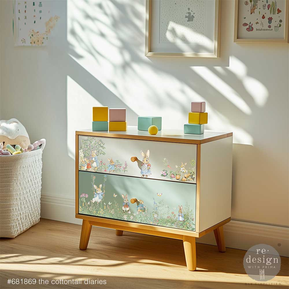 Children's dresser featuring The Cottontail Diaries transfers, placed in a bright room.