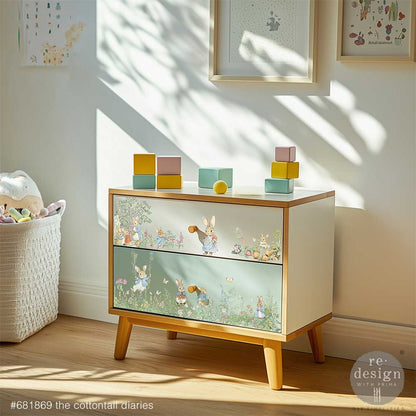 Children's dresser featuring The Cottontail Diaries transfers, placed in a bright room.