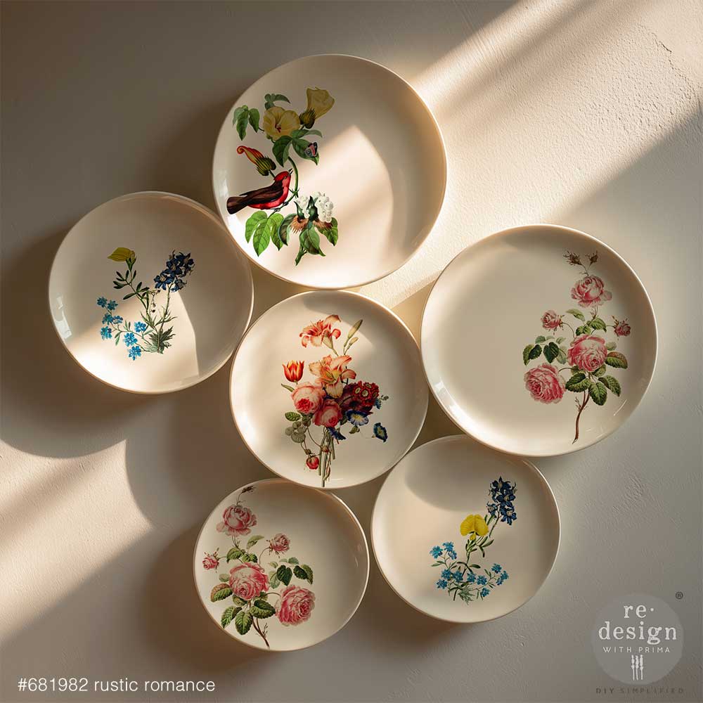 Set of ceramic plates with the Rustic Romance H2O transfers on them.