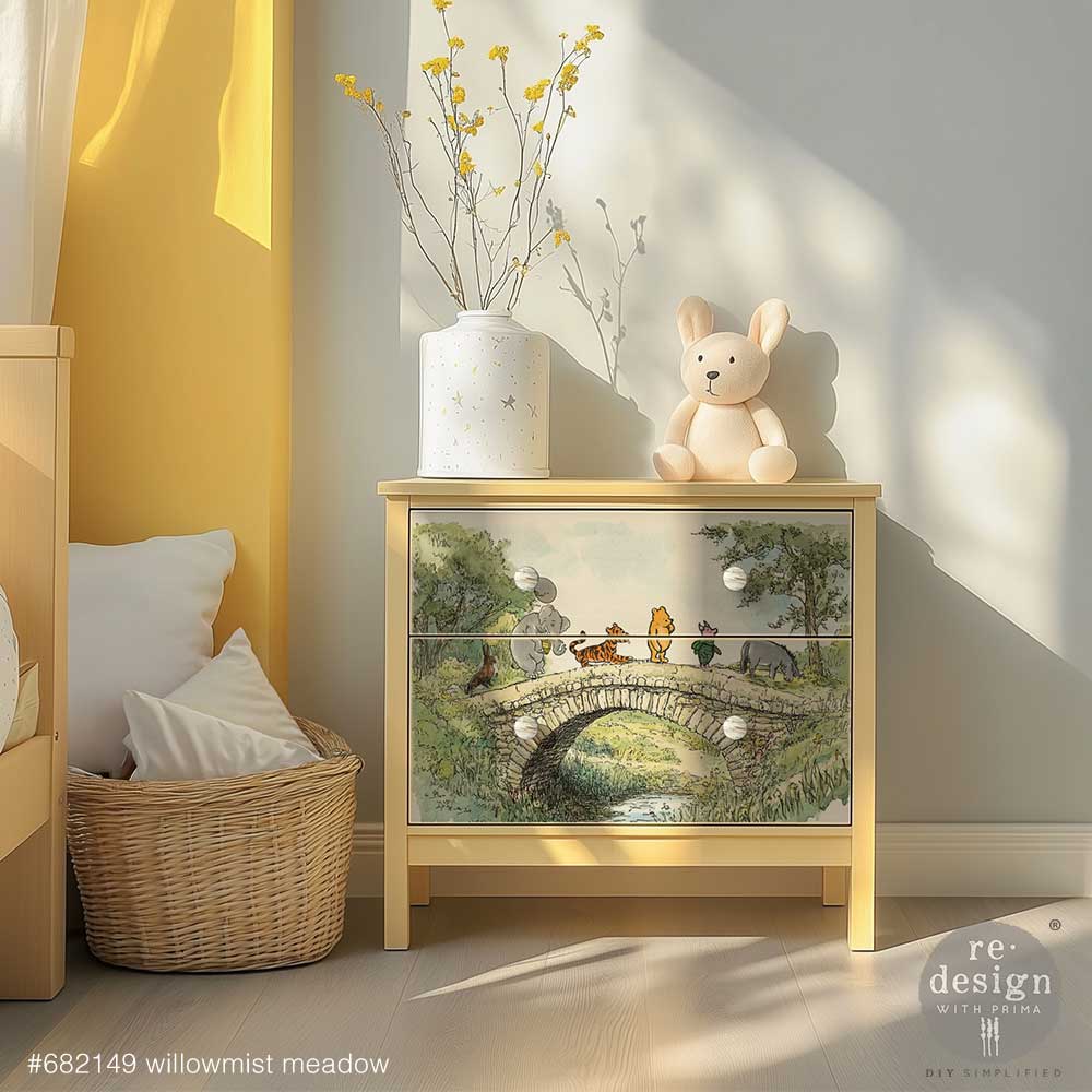 Willowmist Meadow decoupage fiber featured on a yellow dresser shown in a nursery.