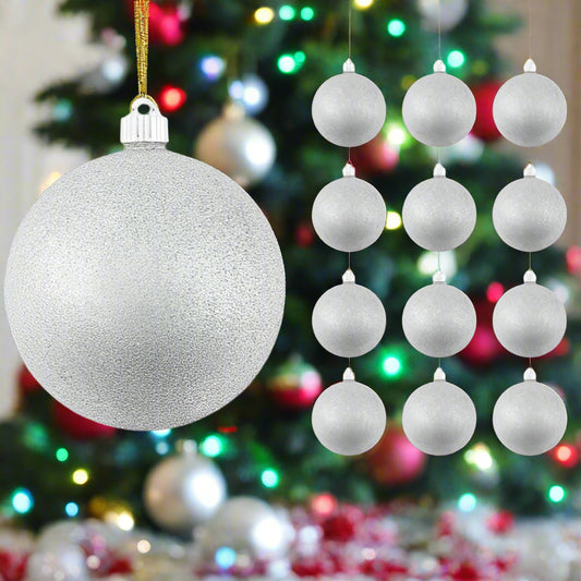 Decorative Christmas ornaments including a large silver glittery ball and smaller white balls against a festive tree background.