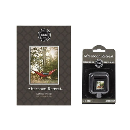 Afternoon Retreat scented sachet and auto vent clip with packaging on a white background