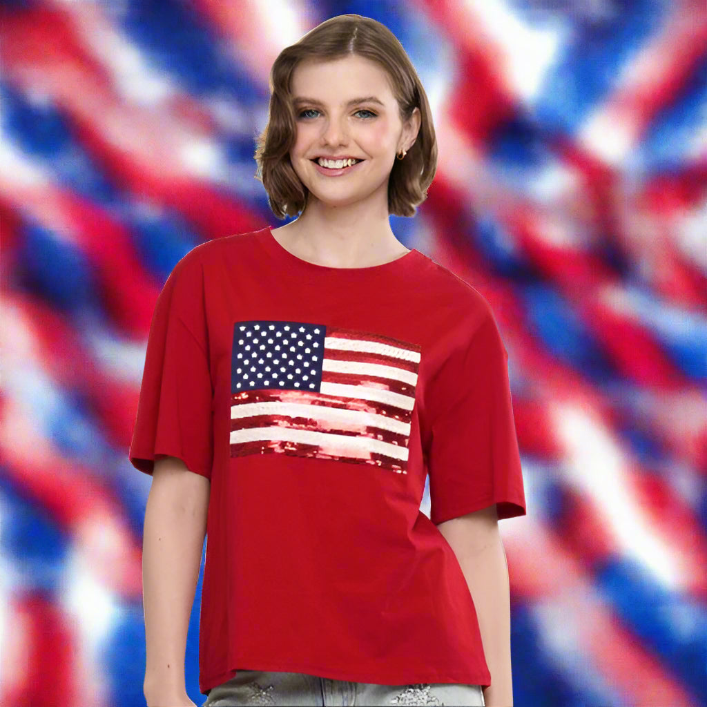 USA Patriotic Sequin American Flag Tee