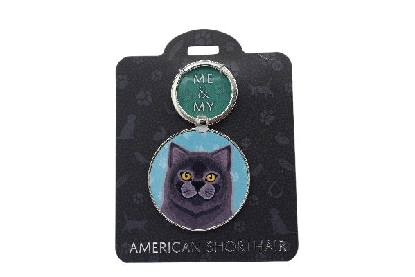 Keychain with an American Shorthair cat illustration on a black card with brand name.