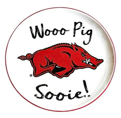 A ceramic tray with a red border featuring the Arkansas Razorbacks logo and the phrase 'Wooo Pig Sooie!' on a white background.