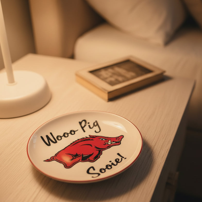 Decorative plate with a razorback logo and 'Woo Pig Sooie!' text on a bedside table