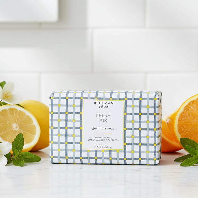 Beekman 1802 Fresh Air goat milk soap in a checkered packaging