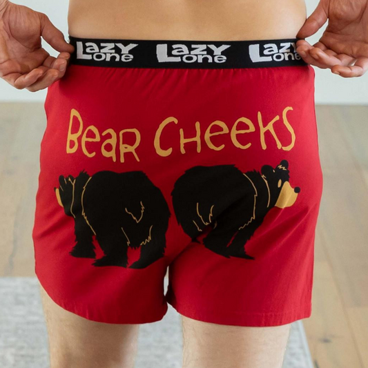 Red underwear with bear design and 'Lazy One' brand on a neutral background