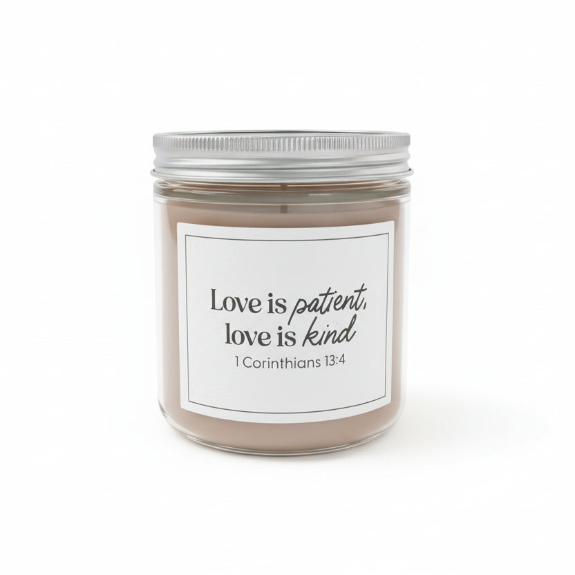 Sweet Grace jar candle with white label and 'Love is patient, love is kind' in black on a white background.