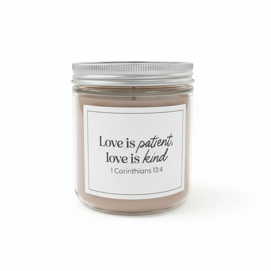 Sweet Grace jar candle with white label and 'Love is patient, love is kind' in black on a white background.