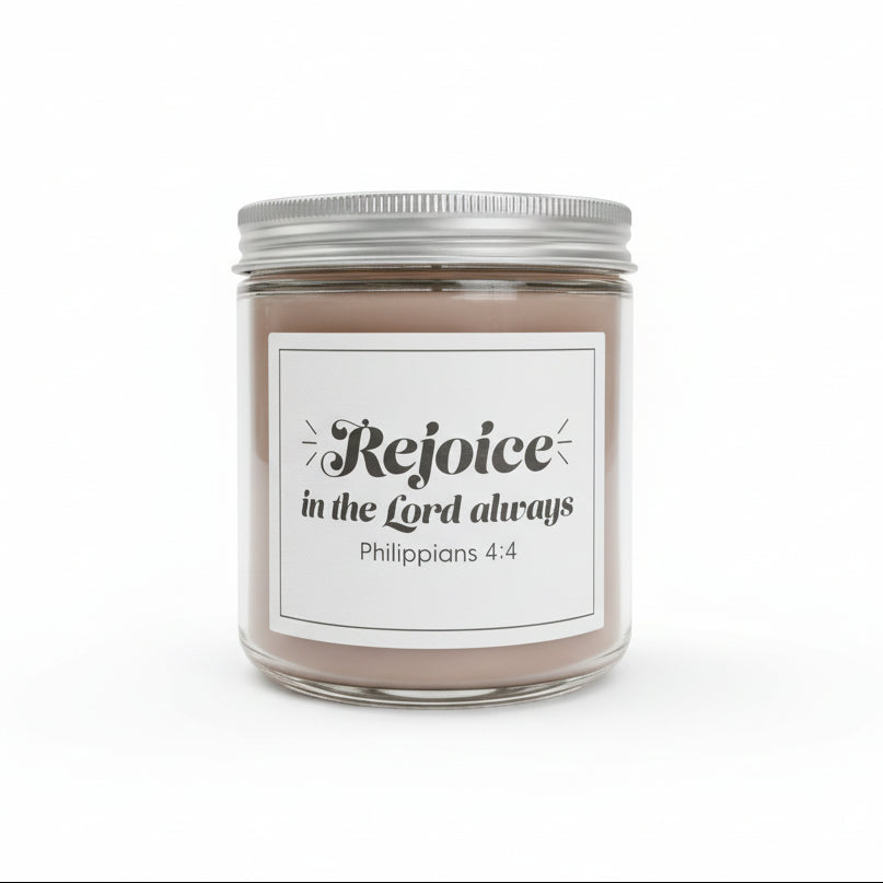 Sweet Grace candle jar with white label and 'Rejoice in the Lord always' in black on a white background