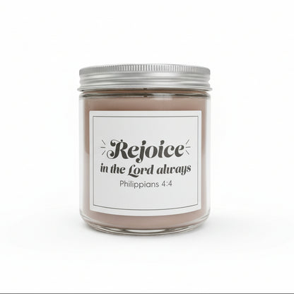 Sweet Grace candle jar with white label and 'Rejoice in the Lord always' in black on a white background