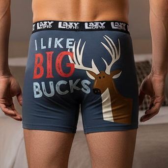 Boxer briefs with a deer graphic and text 'I Like Big Bucks' 