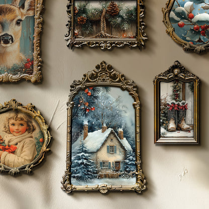 Collection of decorative framed pictures on a wall, featuring various scenes and subjects.