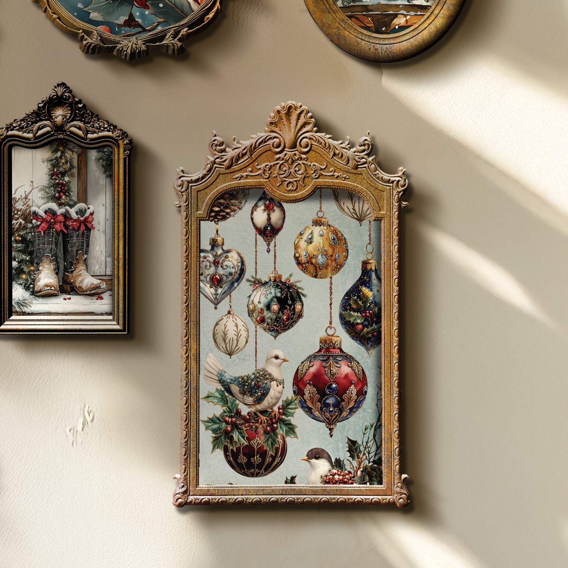 Collection of decorative framed pictures on a wall, featuring various scenes and subjects.