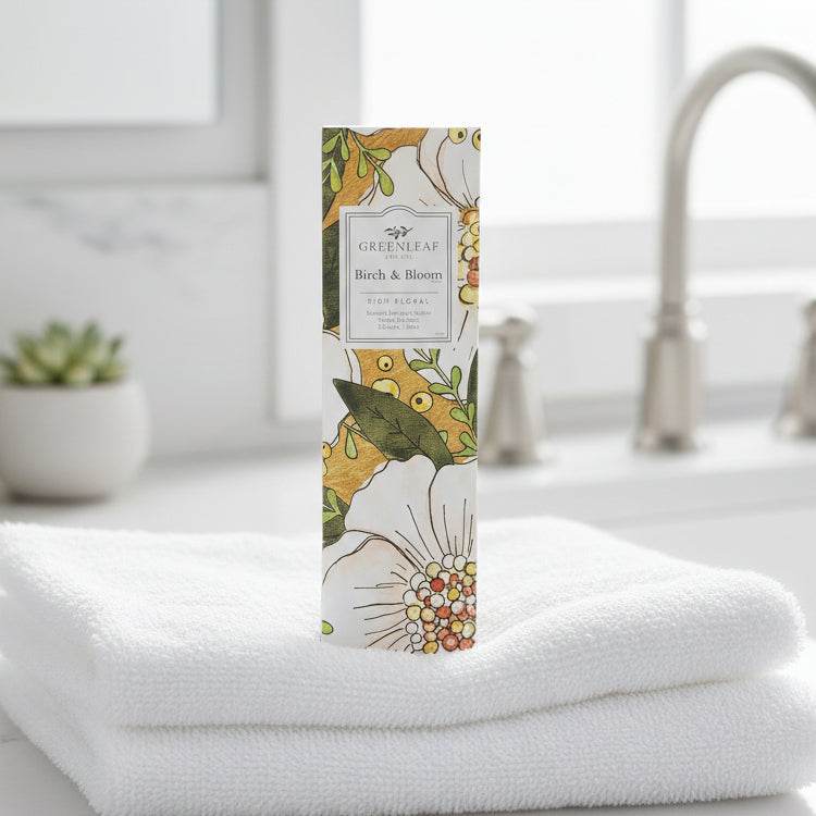 Greenleaf Birch & Bloom slim sachet on a bathroom counter.