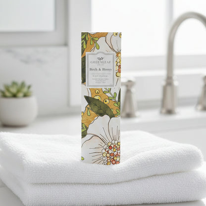 Greenleaf Birch & Bloom slim sachet on a bathroom counter.