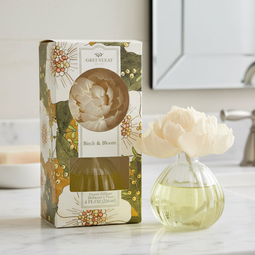 Greenleaf Birch & Bloom flower diffuser on a bathroom counter