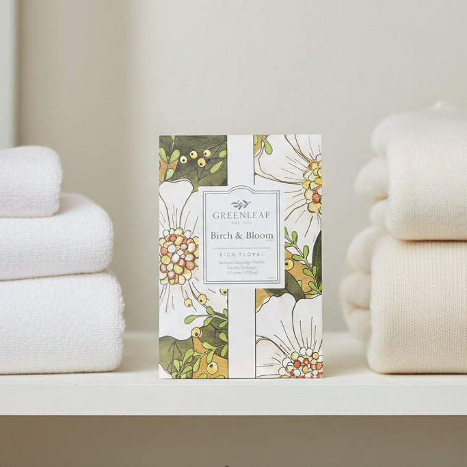 Greenleaf Birch & Bloom sachet on a closet shelf.