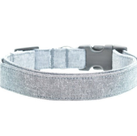 Gray dog collar with a metallic buckle on a white background