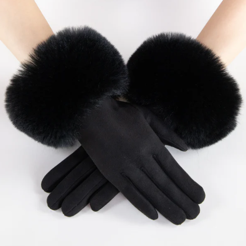 Black gloves with fur cuffs on a white background