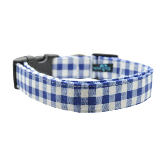 Blue and white gingham checkered dog collar on a white background