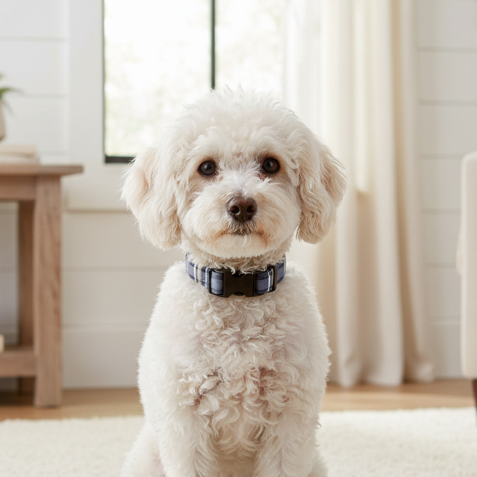 Blue Plaid dog collar on a white toy poodle