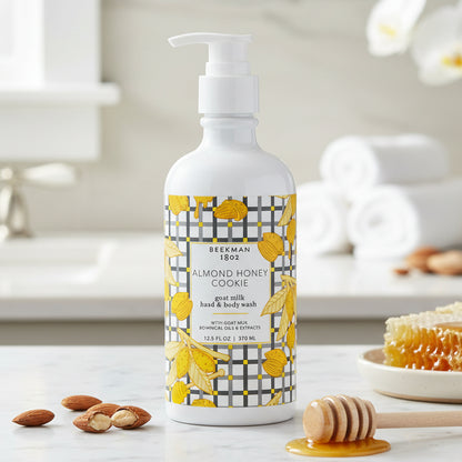 Bottle of Beekman 1802 Almond Honey Cookie goat milk hand & body wash